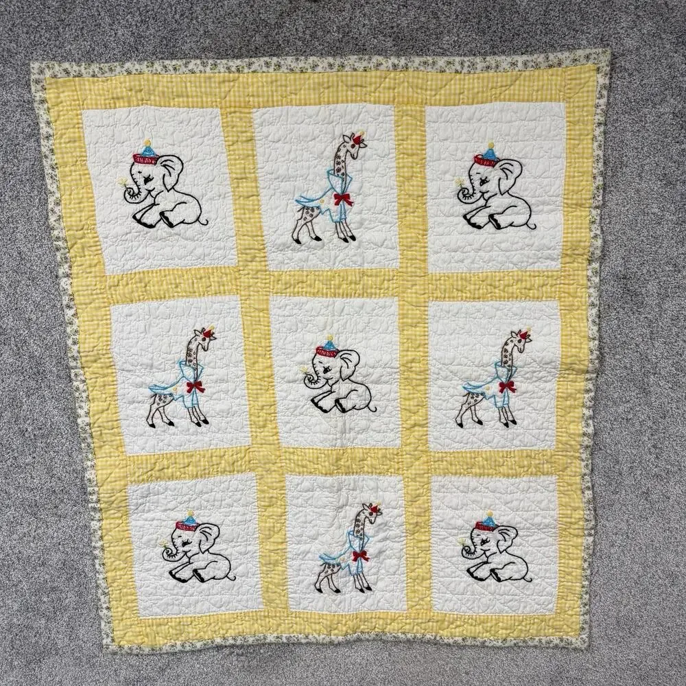 Vtg 1970s Handmade Baby Crib Quilt Embroidered Elephant Giraffe Yellow Gingham
